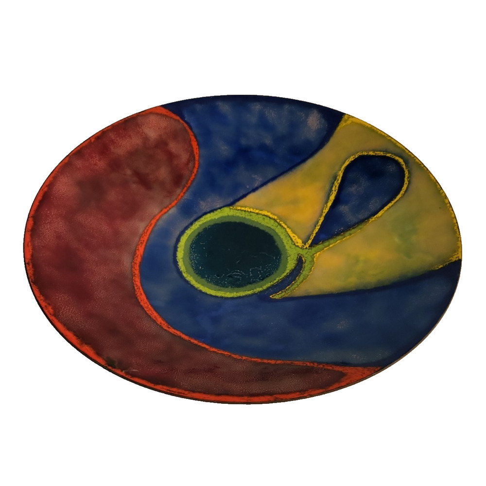 Colorful Round 11" Paisley Shapes Primary Colors ENAMEL ON COPPER BOWL - SIGNED